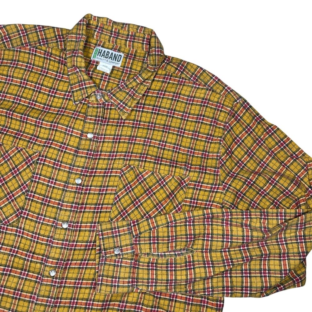 Haband Mens XLT Plaid Button Down Shirt Mustard Yellow Cotton Blend Long Sleeve